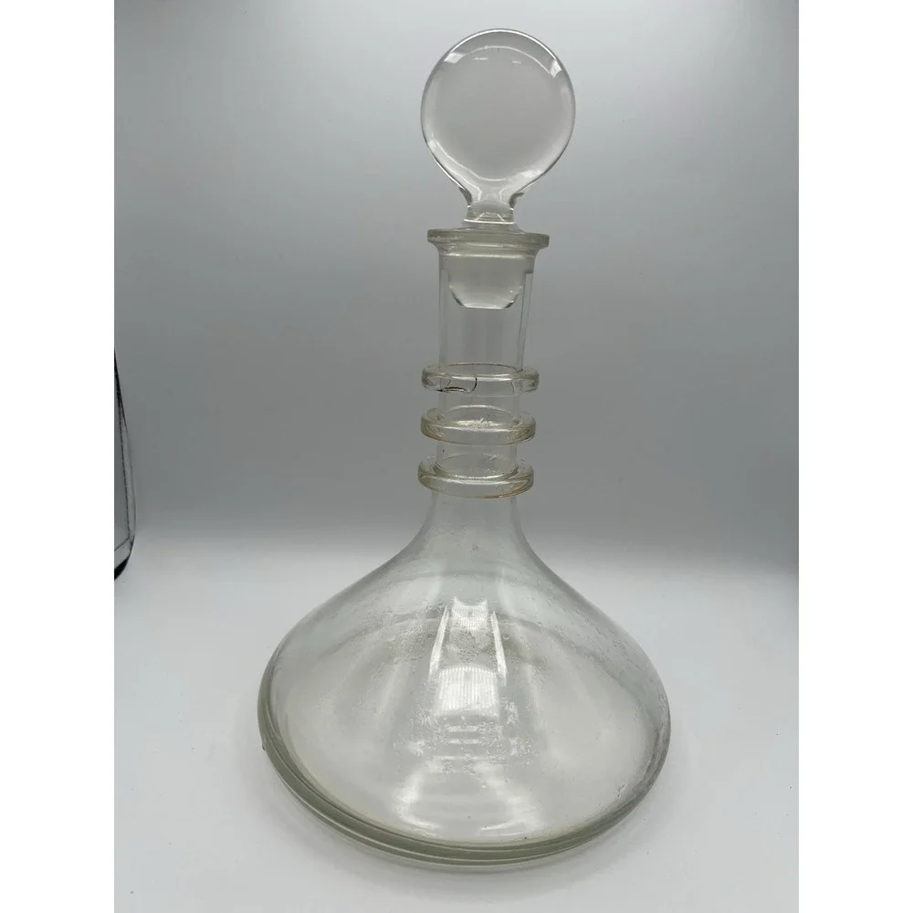 Clear Glass Ship's Ring Decanter Liquor Wine Whiskey Stopper Wide‎ Bottom VTG AC